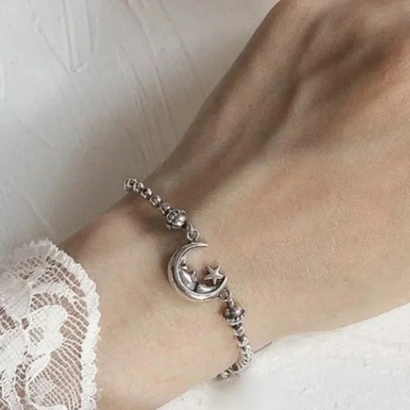 Sterling Silver Moon & Star Beaded Bracelet - Picture 2 of 6